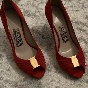 Salvatore Ferragamo Red Peep-Toe Pumps with Gold Plaque